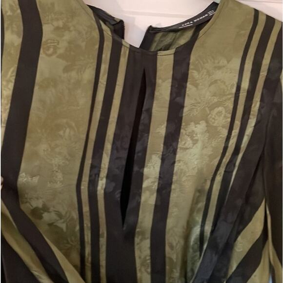 Zara Tie Knot Jacquard Satin Green Black Mini Wrap Striped Retro Dress Sz Large - Picture 9 of 13